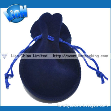 Round Bule Drawstring Mini Nail Polish Velvet Pouch (E-130)